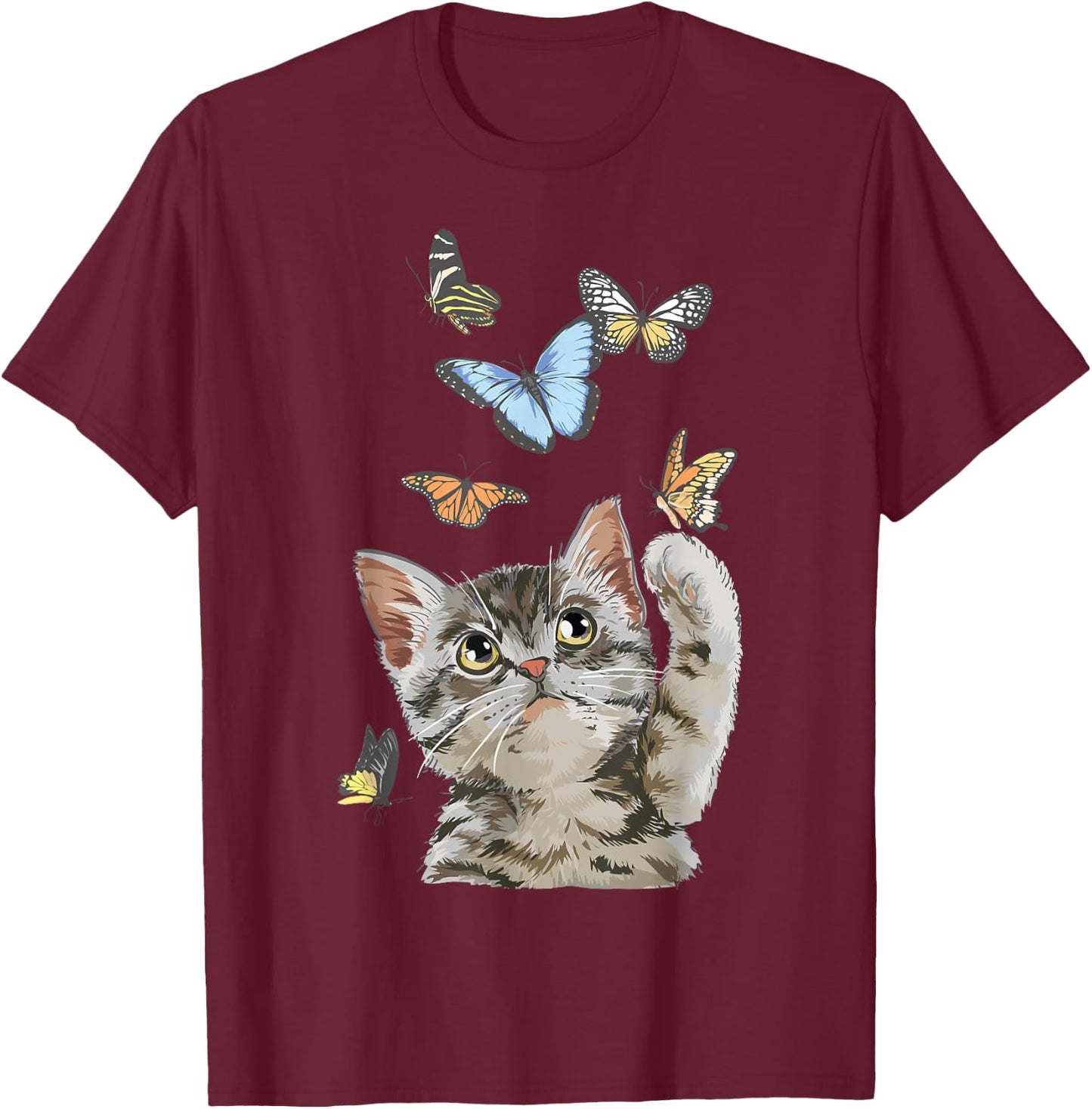 cute Kitty cat playing butterflies for lover cats kitten T-Shirt - T-Shirt | Maroon