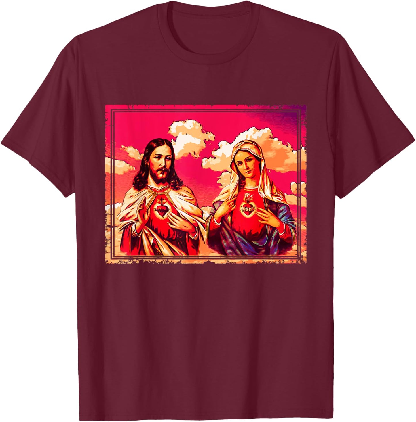 Sacred Heart and Immaculate Heart Picture Jesus and Mary T-Shirt - T-Shirt | Maroon