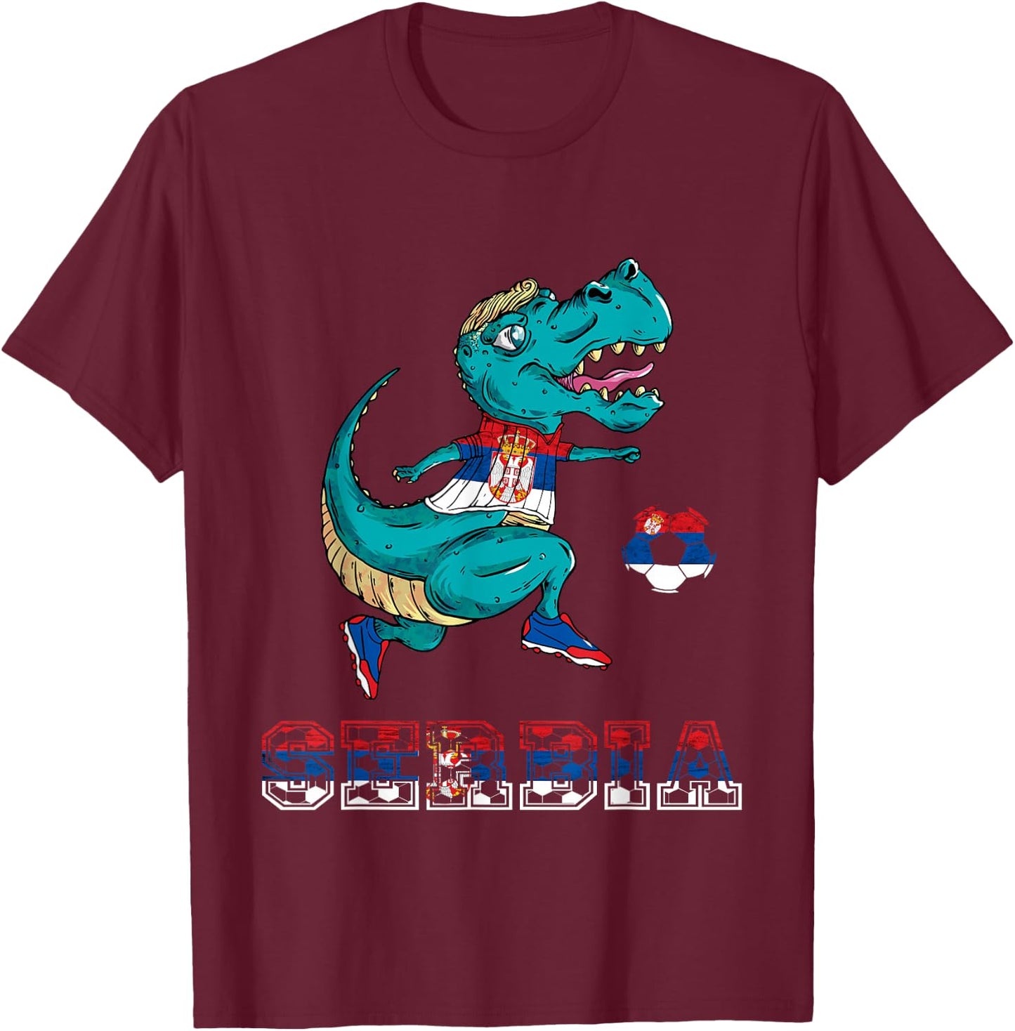Serbian Football Serbian Roots Serbia Flag Dino T-Rex Serbia T-Shirt - T-Shirt | Maroon