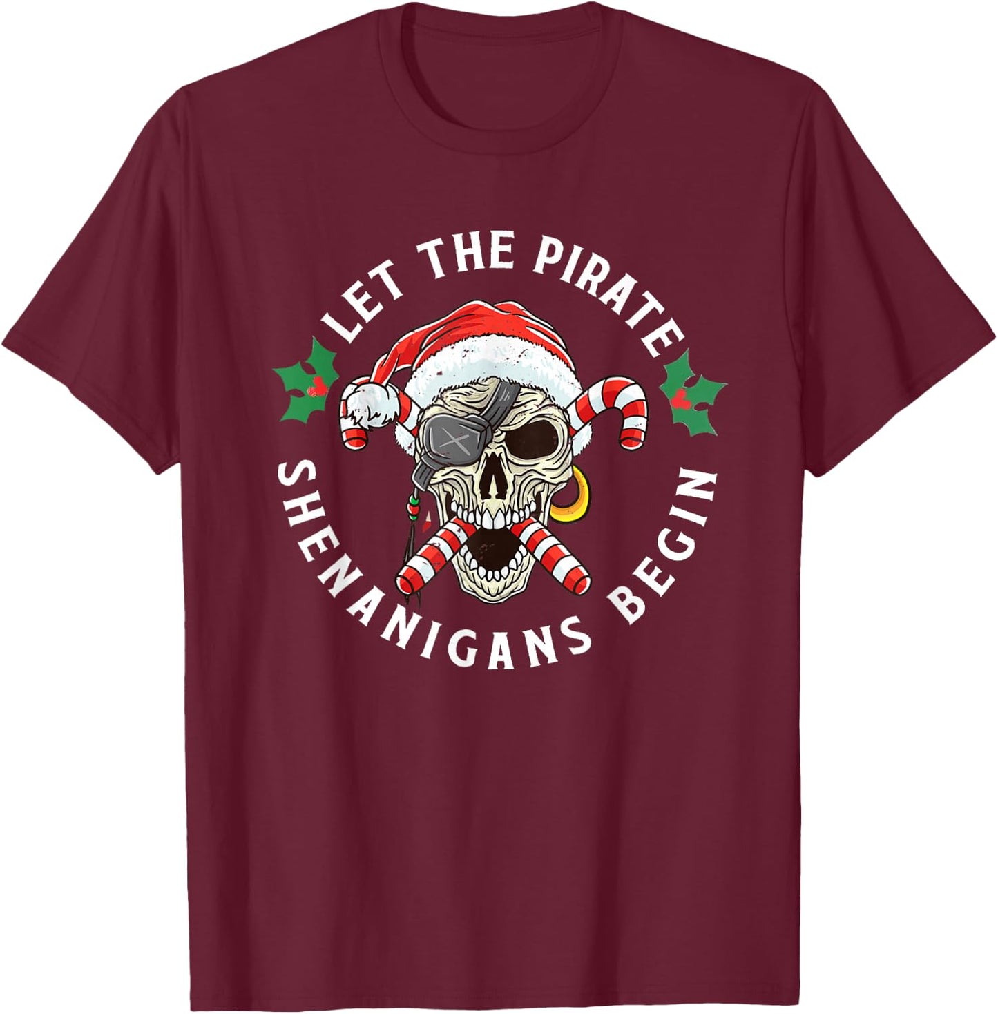 Skeleton Skull Santa Pirate Candy Cane Christmas Jolly Roger T-Shirt - T-Shirt | Maroon