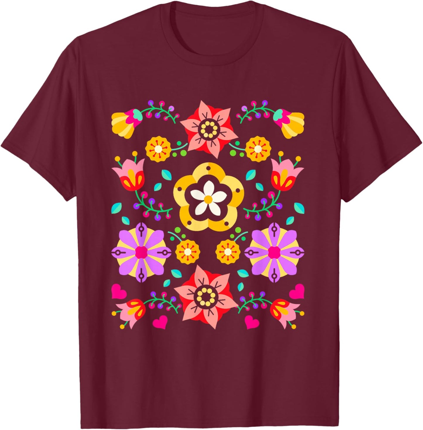 Scandinavian Folklore Botanical Folk Vintage Flower Lover T-Shirt - T-Shirt | Maroon