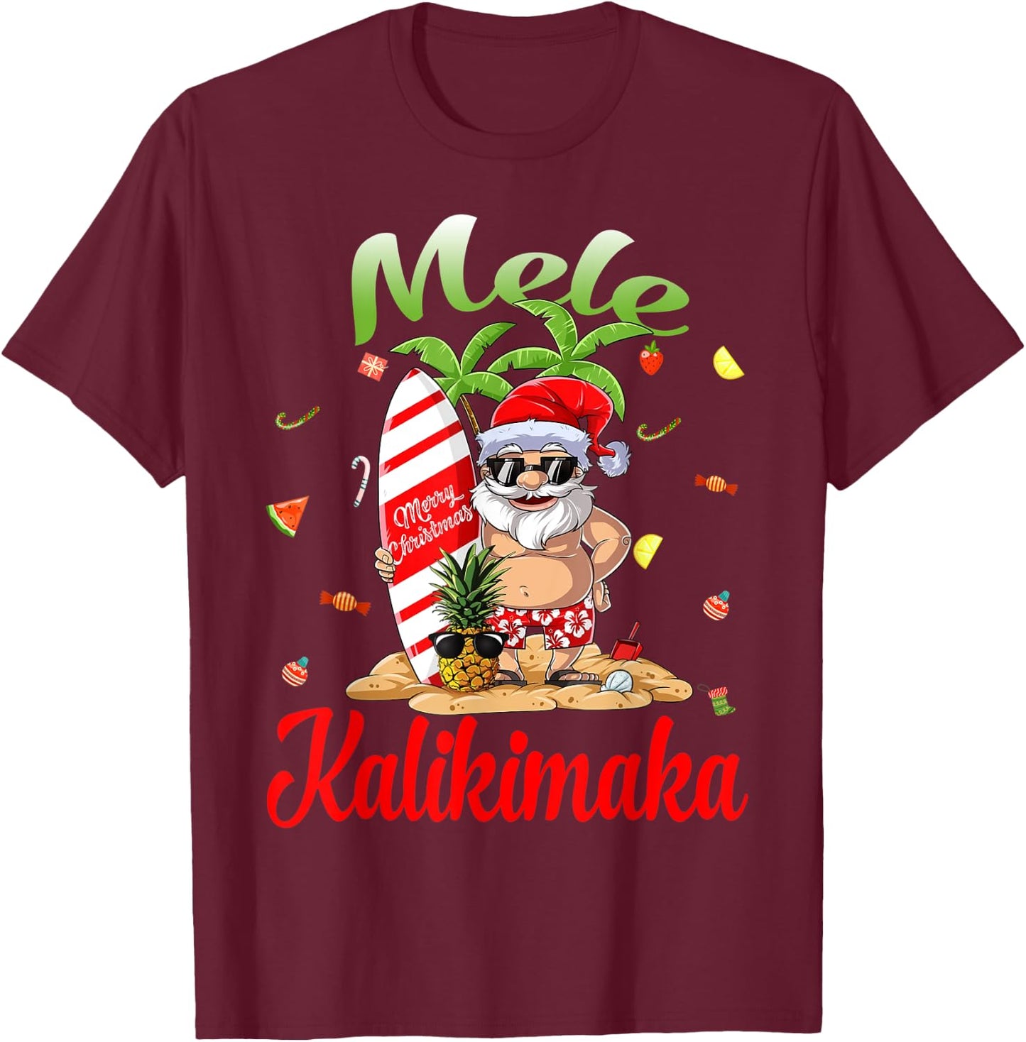 Mele Kalikimaka Christmas Santa Shaka Hawaii T-Shirt - T-Shirt | Maroon