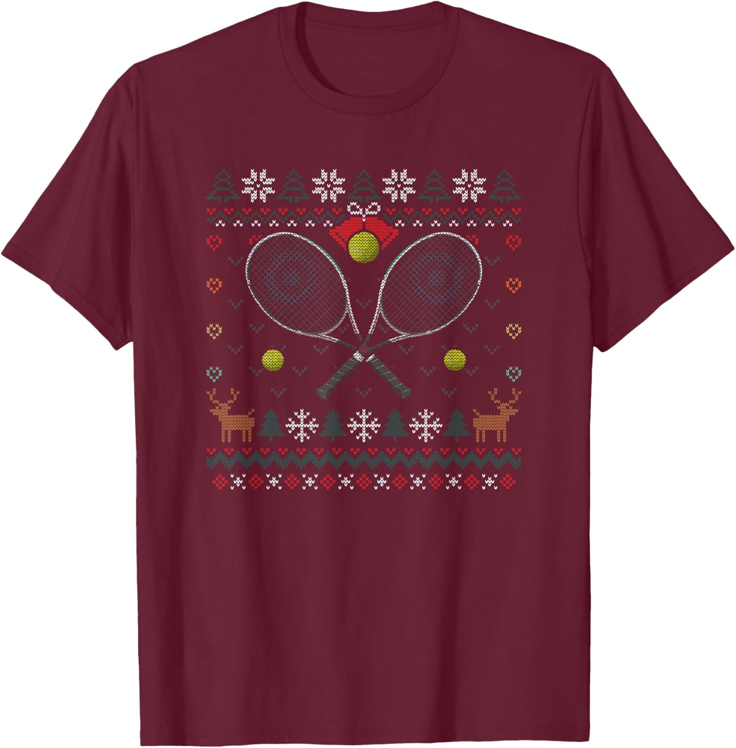 Tennis Racket Ugly Christmas Sweater Ball Sports Player T-Shirt - T-Shirt | Maroon
