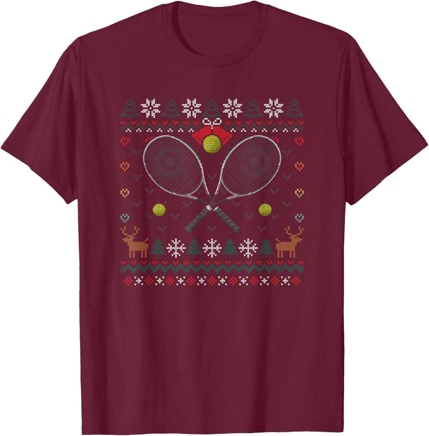 Tennis Racket Ugly Christmas Sweater Ball Sports Player T-Shirt - T-Shirt | Maroon