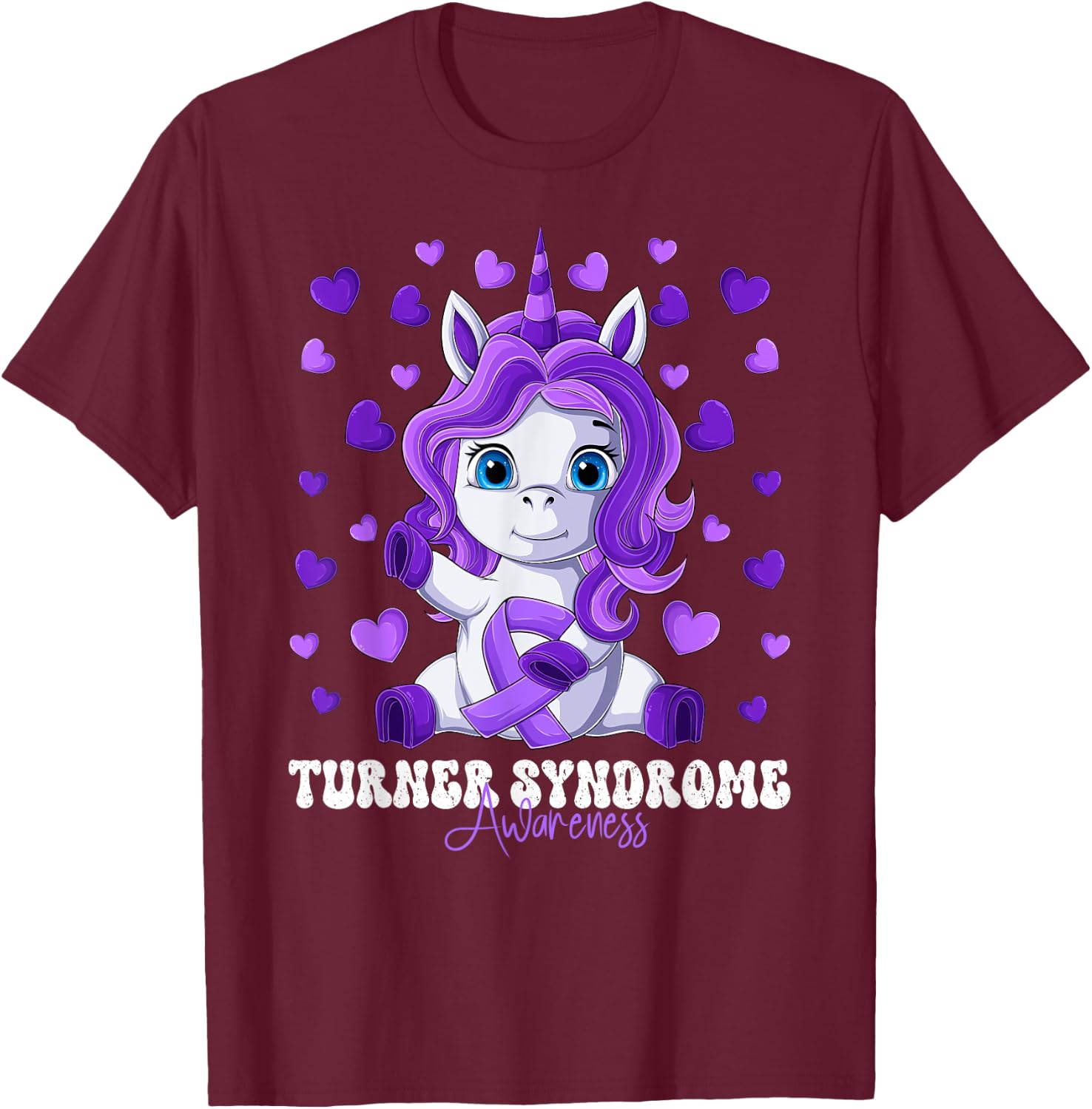 Turner Syndrome Awareness Month Purple Ribbon Unicorn T-Shirt - T-Shirt | Maroon