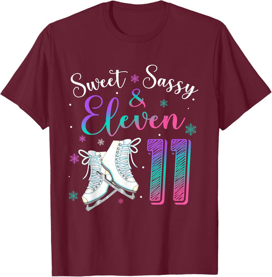 Sweet Sassy & Eleven Figure Skating Ice Skate 11th Birthday T-Shirt - T-Shirt | Maroon