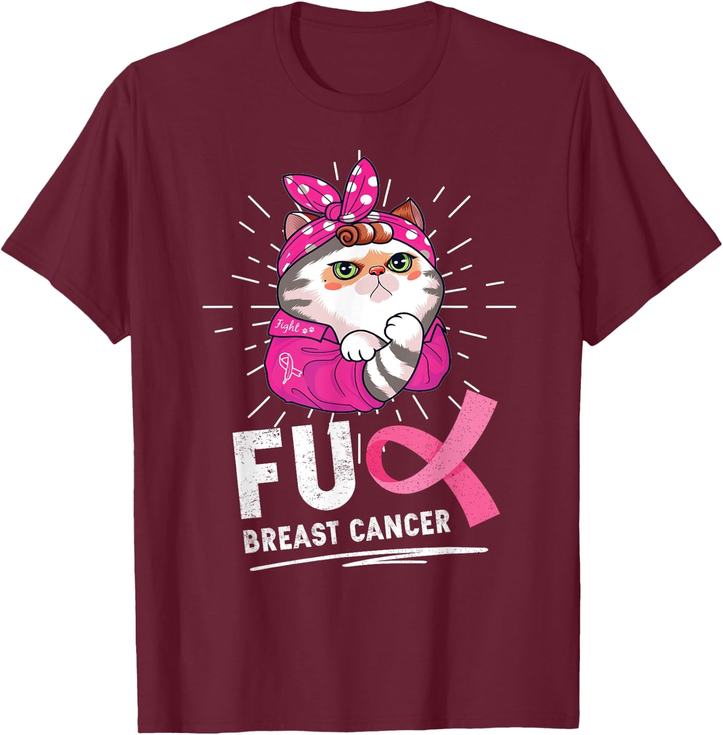 Funny Cat Warrior Fuck Cancer Breast Cancer Awareness Women T-Shirt - T-Shirt | Maroon