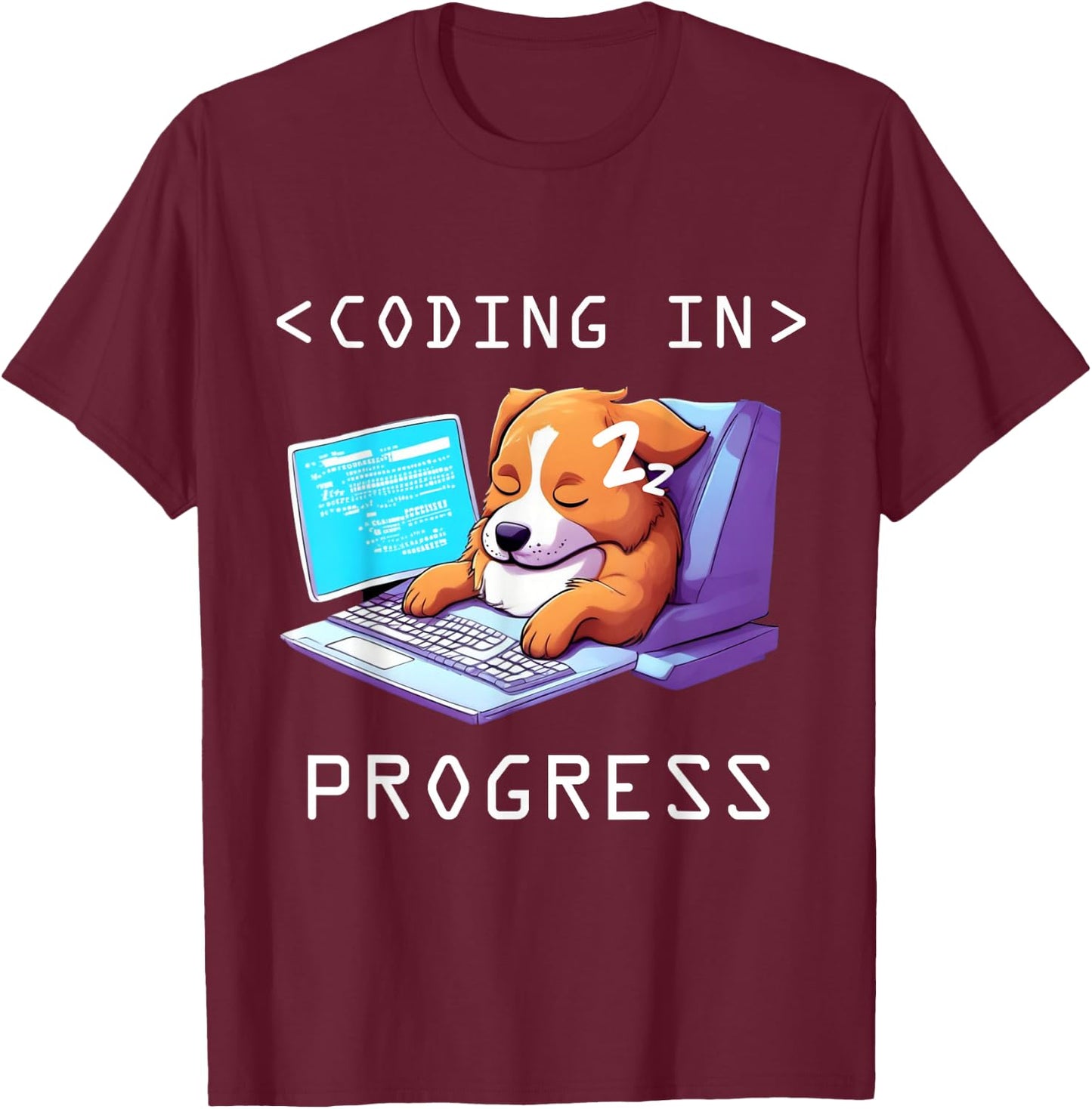 Funny Programming Cute Developer Dog Sleeping Coder Coding T-Shirt - T-Shirt | Maroon