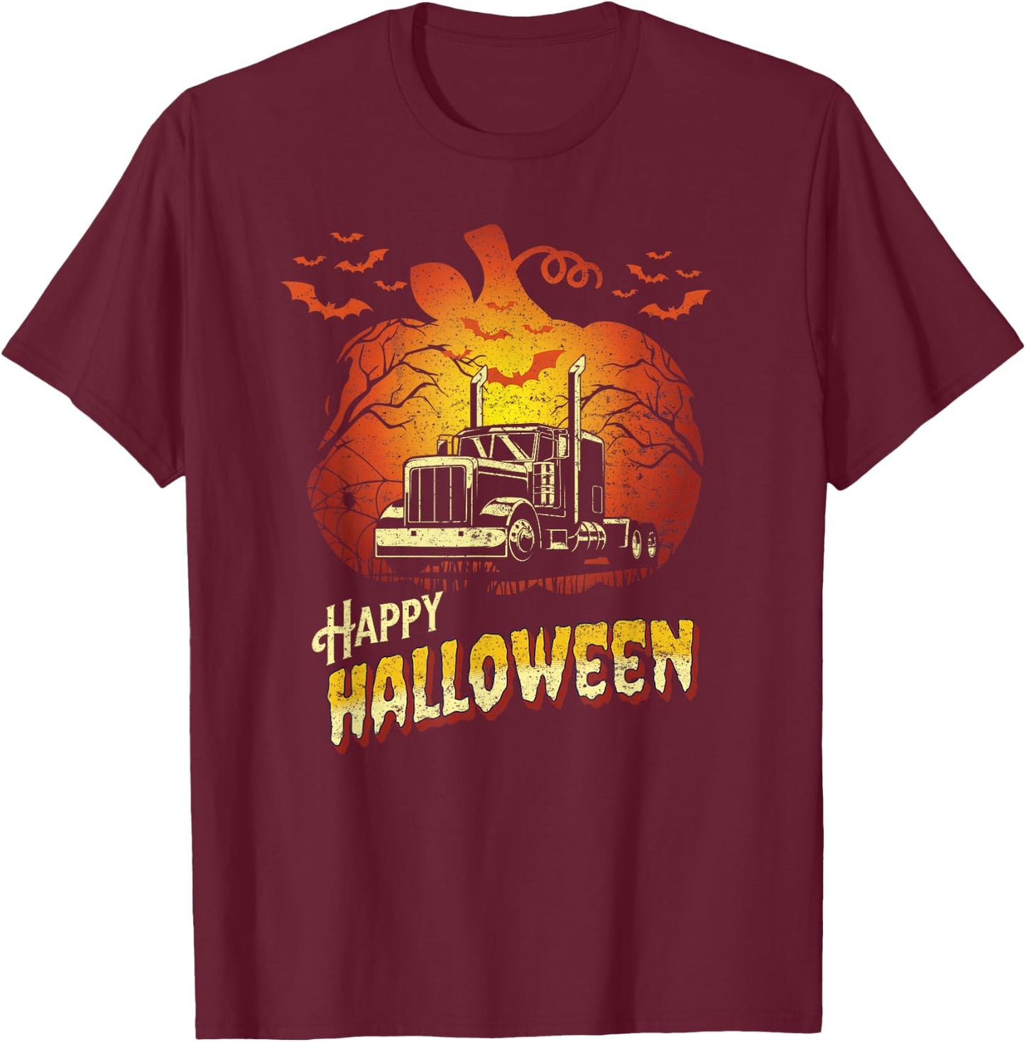 Semi Truck Silhouette Happy Halloween Truck Driver Trucker T-Shirt - T-Shirt | Maroon