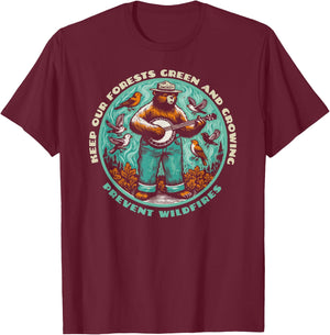 Prevent Wildfires Smokey Bear, Banjo & Birds T-Shirt - T-Shirt | Maroon