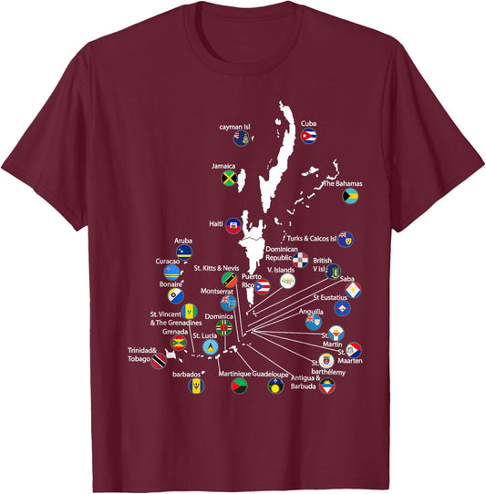 Caribbean islands Flags & map, Caribbean sea vacations T-Shirt - T-Shirt | Maroon