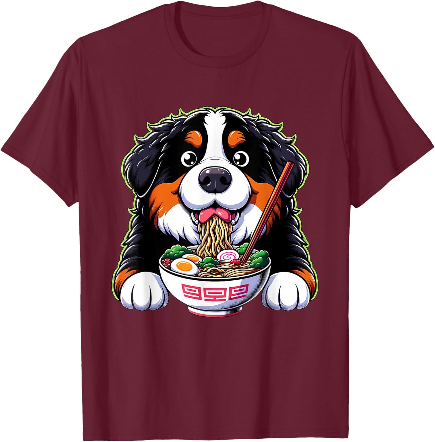 Kawaii Anime Bernese Mountain Dog Ramen T-Shirt - T-Shirt | Maroon
