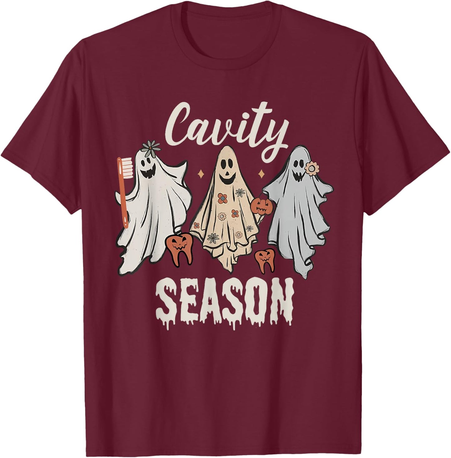 Cavity Season Halloween Funny Dental Ghosts And Toothbrush T-Shirt - T-Shirt | Maroon
