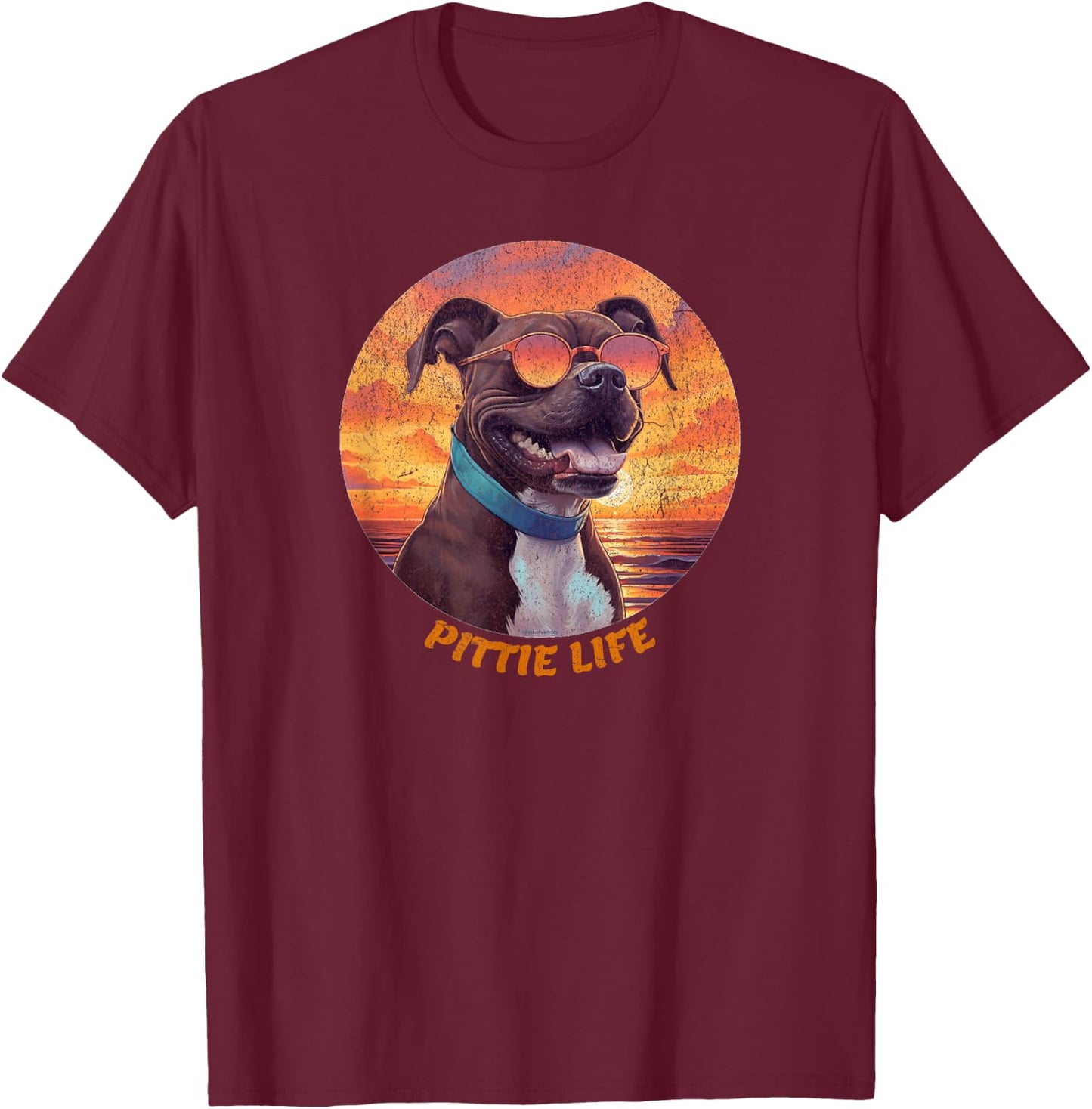 Cute Pittie Life, Pitbull Dog, Retro Sunset, Funny T-Shirt - T-Shirt | Maroon