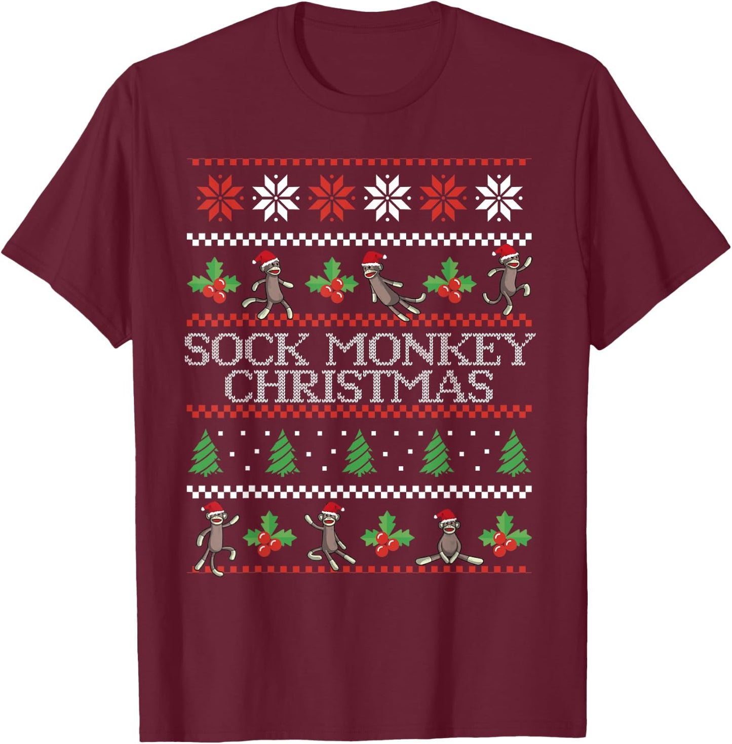 Sock Monkey Christmas Ugly Christmas Sweater T-Shirt - T-Shirt | Maroon