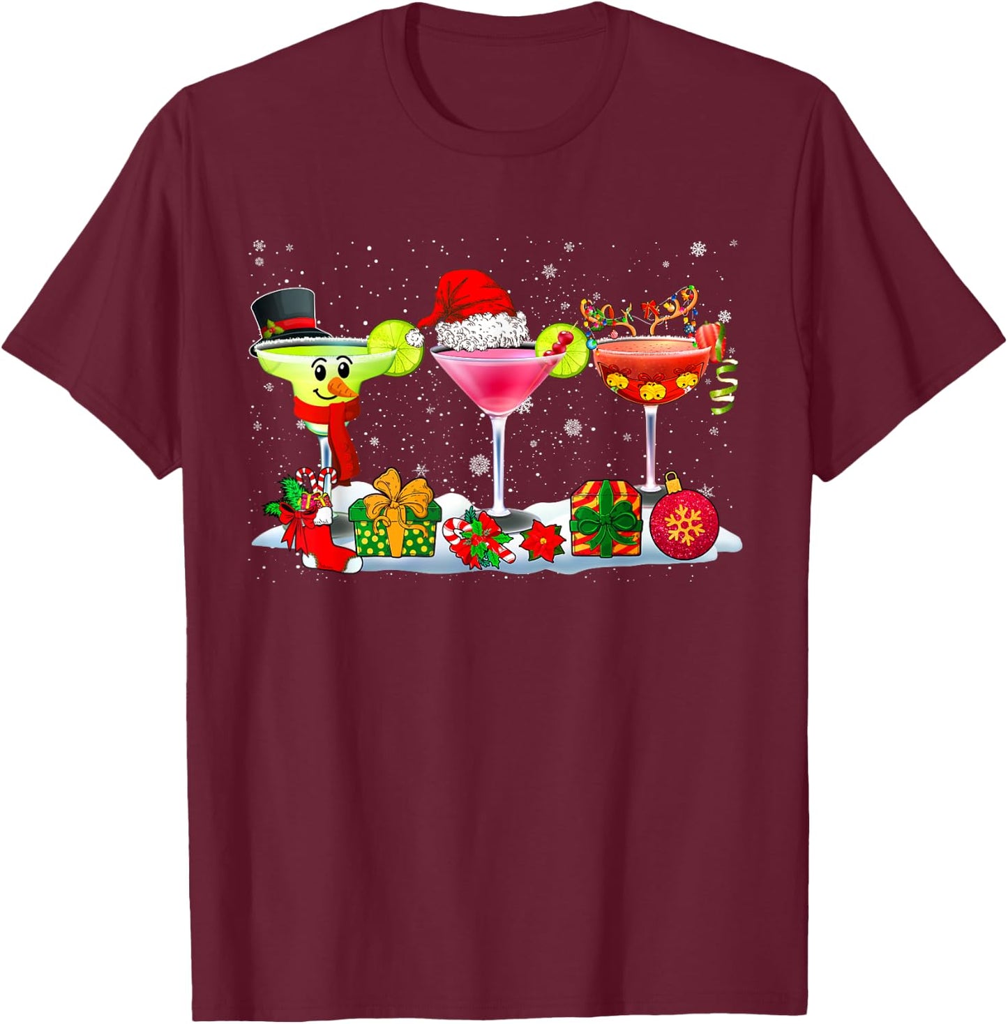 Three Santa Reindeer Snowman Glasses Of Cocktail Funny Xmas T-Shirt - T-Shirt | Maroon