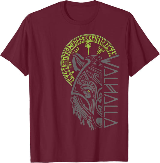 Valhalla Wolf Mask Odin Runes Norse Compass Viking T-Shirt - T-Shirt | Maroon