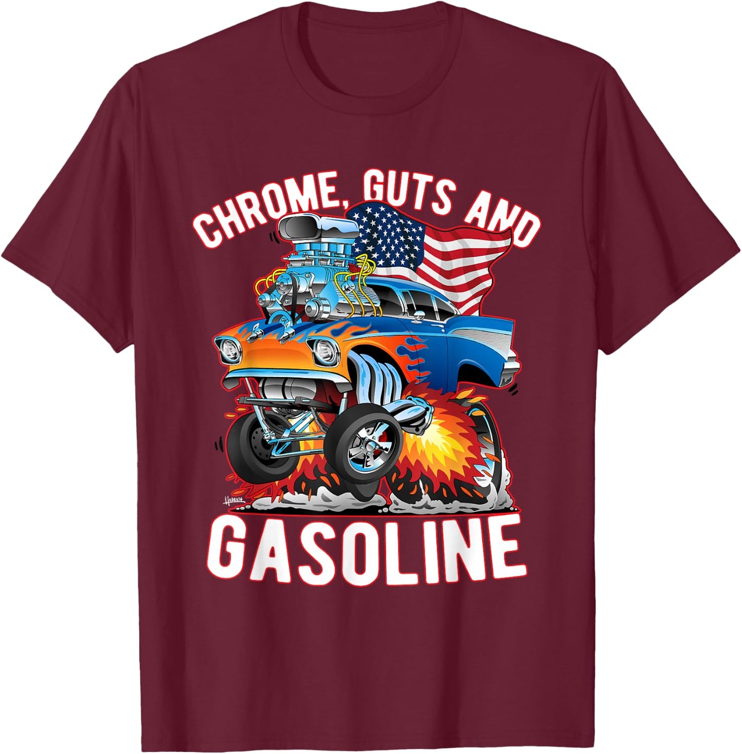 Jeff Hobrath Funny Chrome Guts and Gasoline Hotrod Car Cartoon Design - -Adults/Kids, Black, Short Sleeve, Small T-Shirt - T-Shirt | Maroon