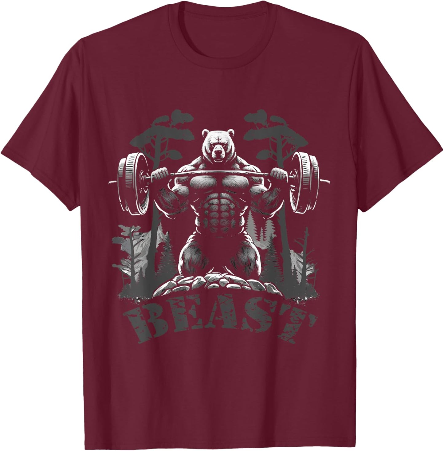 Gym Bodybuilding / Fitness Workout Beast Bear with Dumbbell T-Shirt - T-Shirt | Maroon