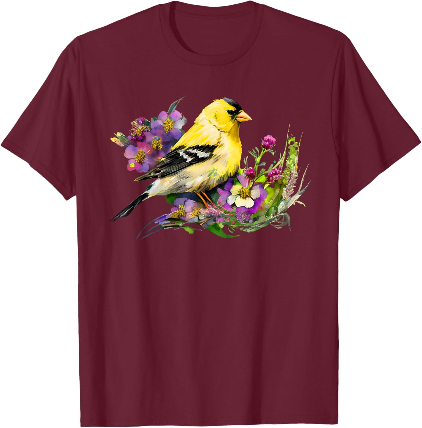 American Goldfinch Wild Backyard Birds Flower Garden Birders T-Shirt - T-Shirt | Maroon