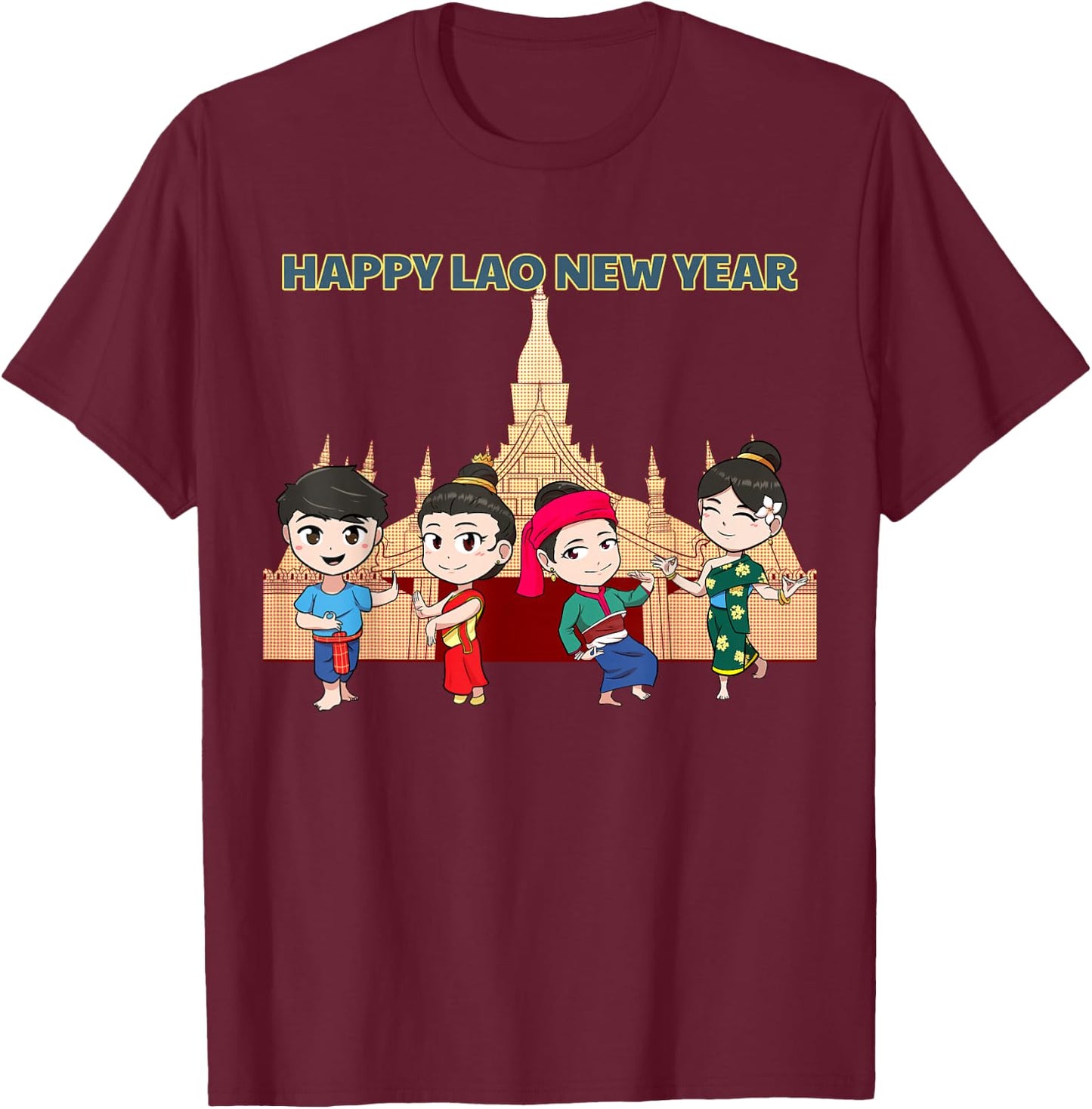 Laos Laotian Pi Mai Lao New Year Temple T-Shirt - T-Shirt | Maroon