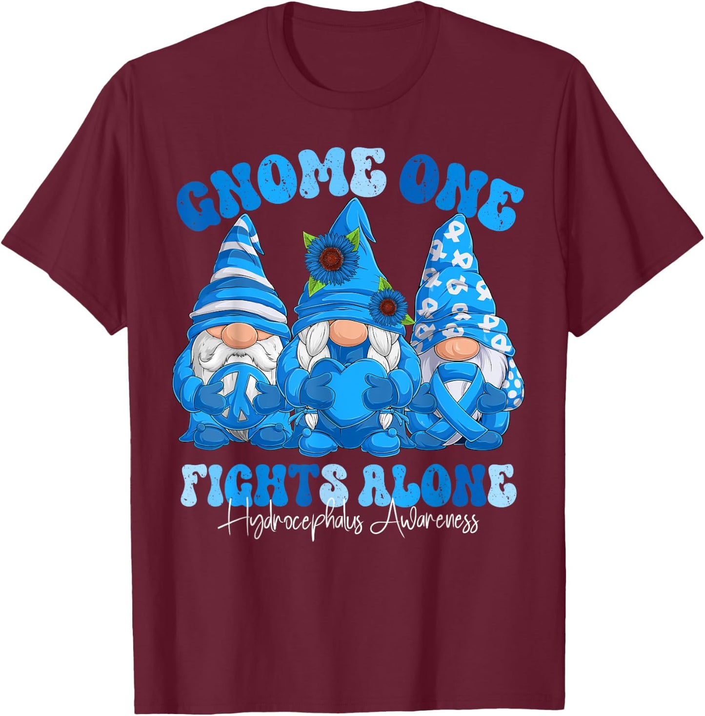 Hydrocephalus Awareness Month Blue Ribbon Gnomies T-Shirt - T-Shirt | Maroon