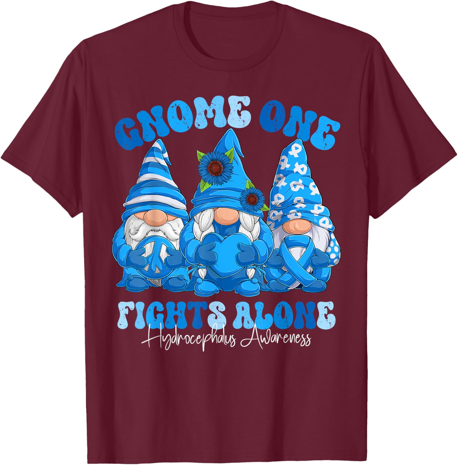 Hydrocephalus Awareness Month Blue Ribbon Gnomies T-Shirt - T-Shirt | Maroon