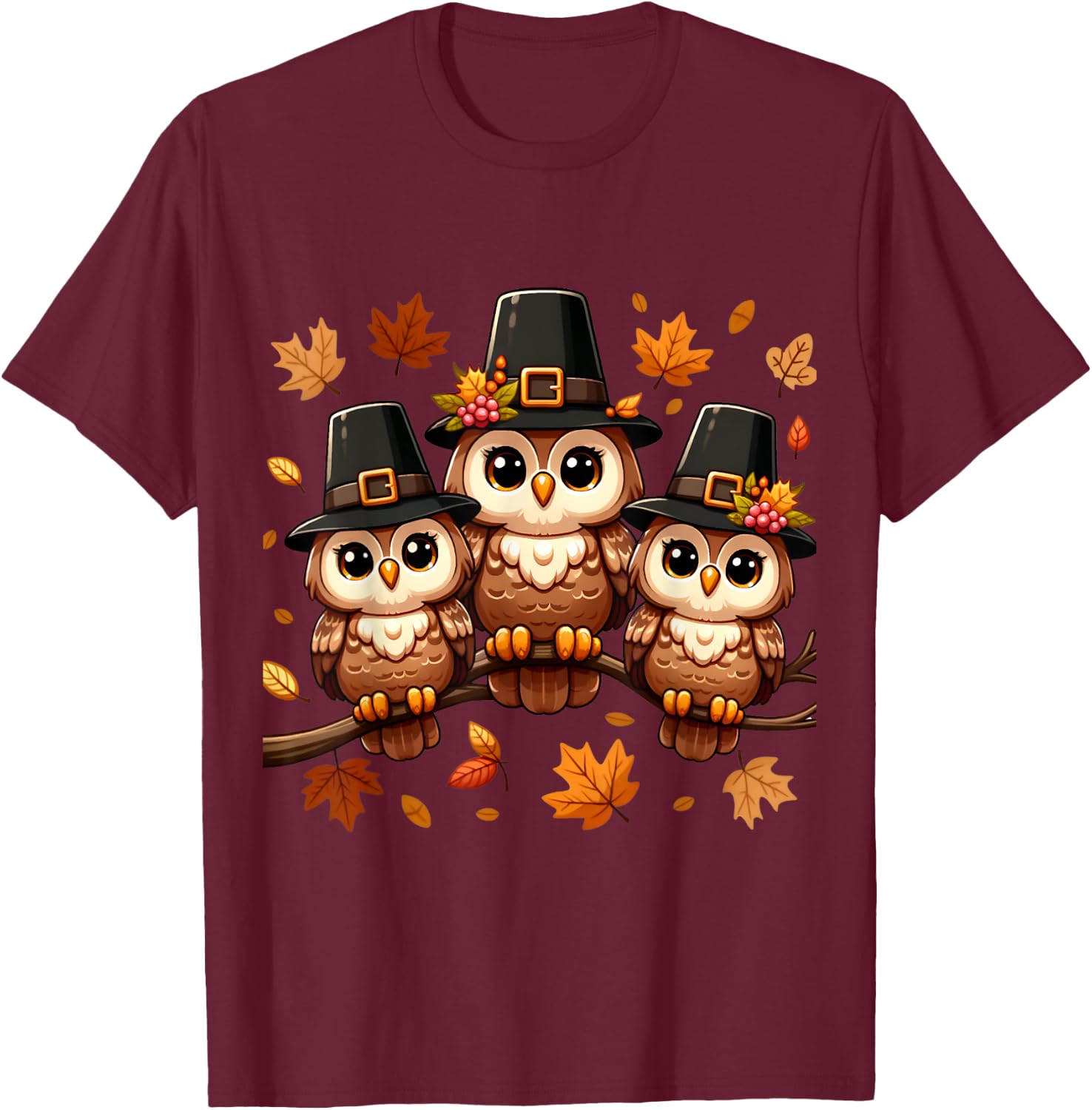 Pilgrim Owls on Autumn Perch Thanksgiving T-Shirt - T-Shirt | Maroon