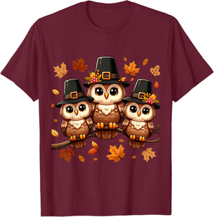 Pilgrim Owls on Autumn Perch Thanksgiving T-Shirt - T-Shirt | Maroon
