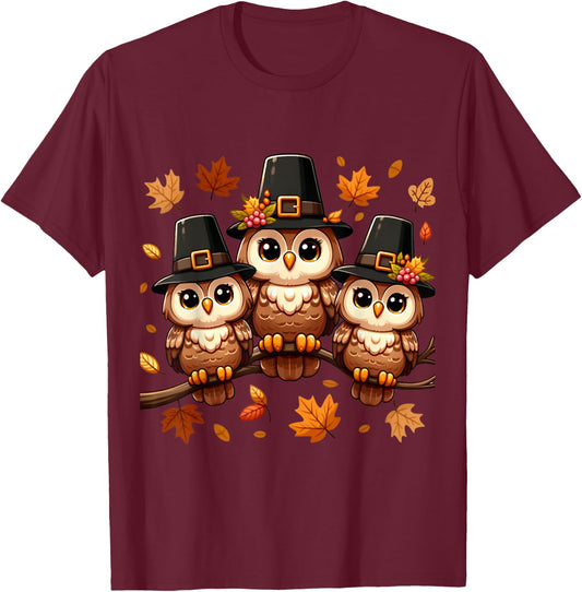 Pilgrim Owls on Autumn Perch Thanksgiving T-Shirt - T-Shirt | Maroon