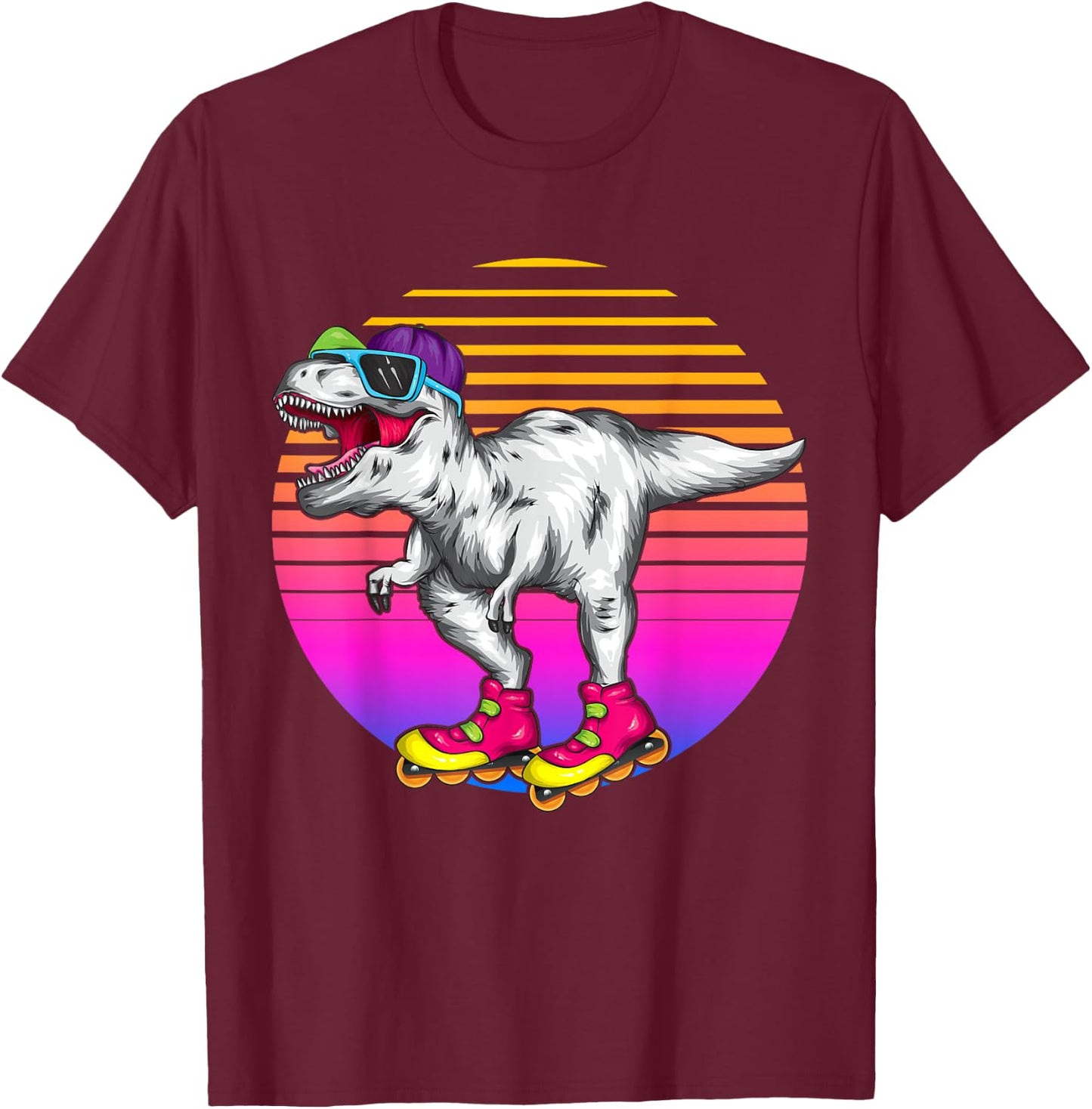 Funny Skating T Rex Dinosaur Roller Skating Lover Skater T-Shirt - T-Shirt | Maroon