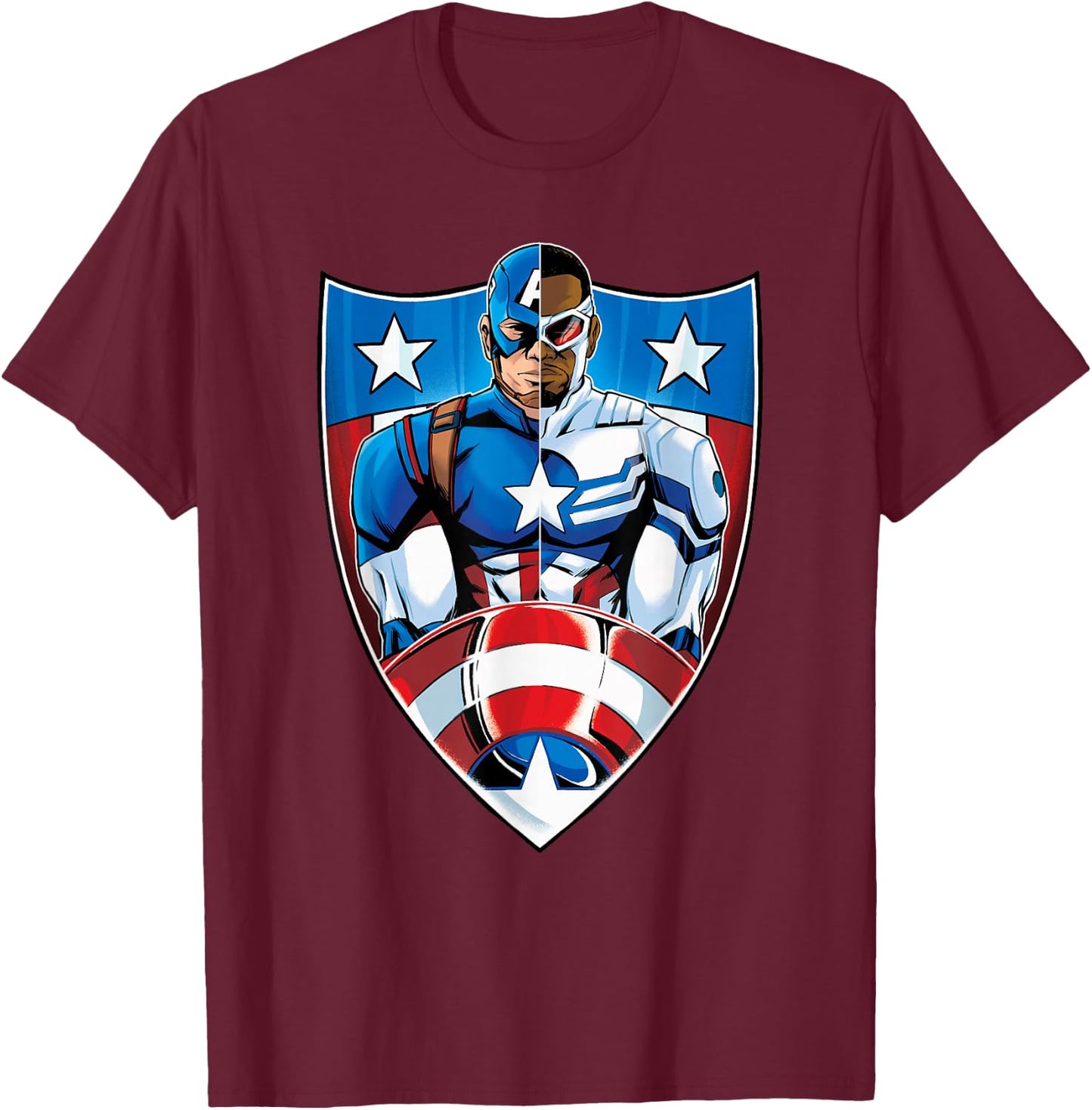 Marvel Captain America Steve Rogers and Sam Wilson on Shield T-Shirt - T-Shirt | Maroon