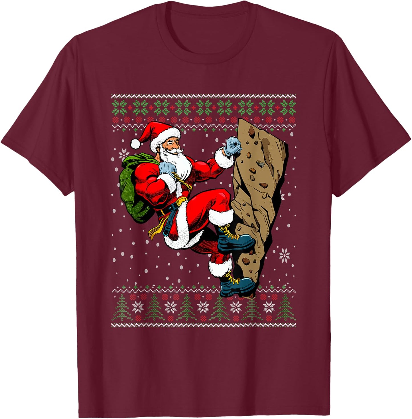 Christmas Santa Rock Climbing Ugly Christmas Sweater T-Shirt - T-Shirt | Maroon