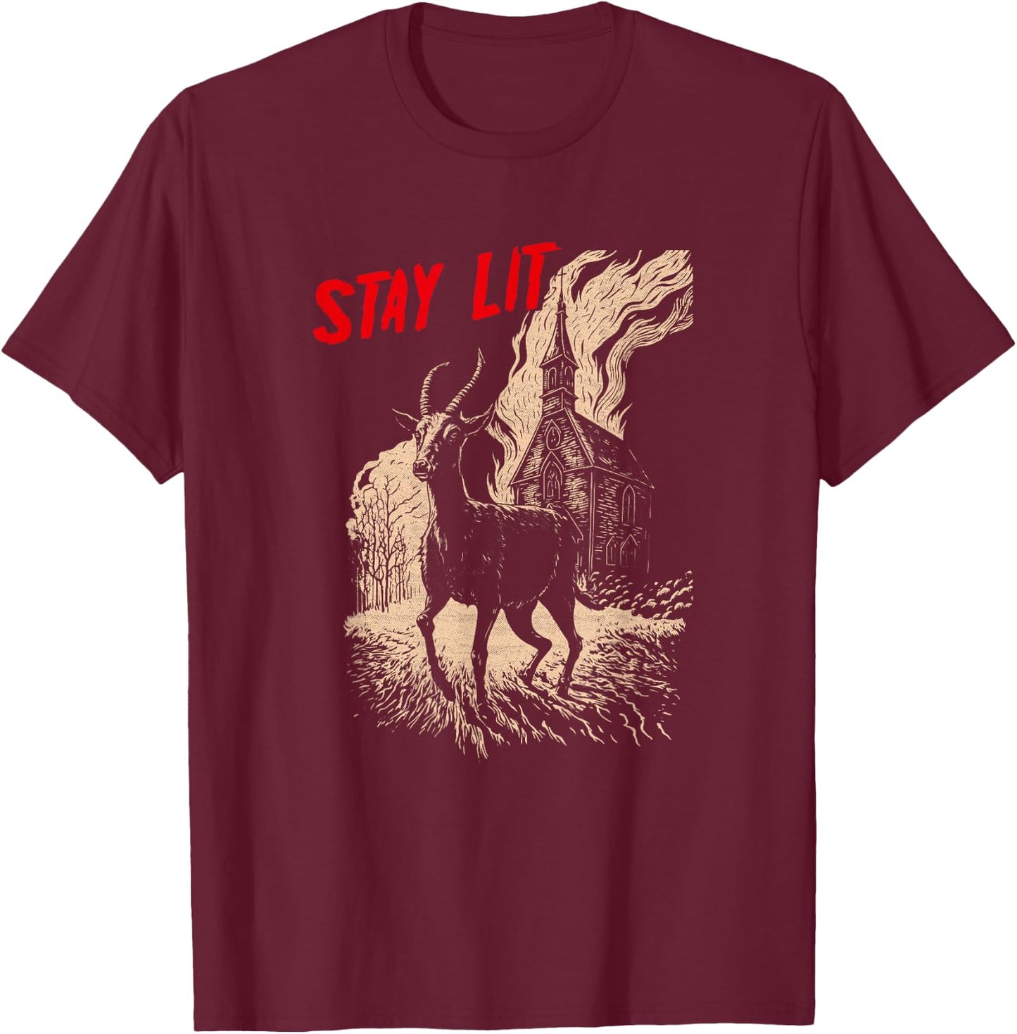 Occult Atheist Black Phillip Burning Church Stay Lit Satan T-Shirt - T-Shirt | Maroon
