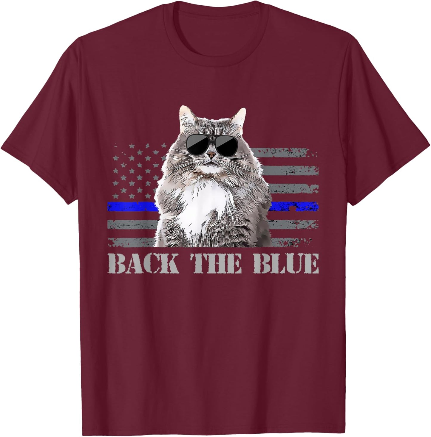 Back the Blue Police Cat Thin Blue Line American Flag Kids Men T-Shirt - T-Shirt | Maroon