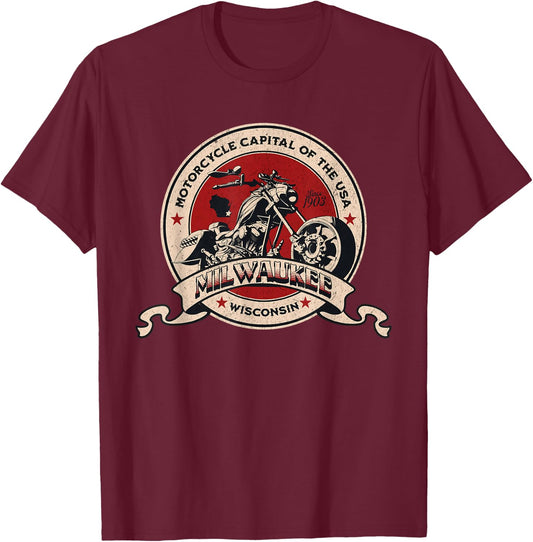 Milwaukee Wisconsin Motorcycle Capital of the USA Logo T-Shirt - T-Shirt | Maroon