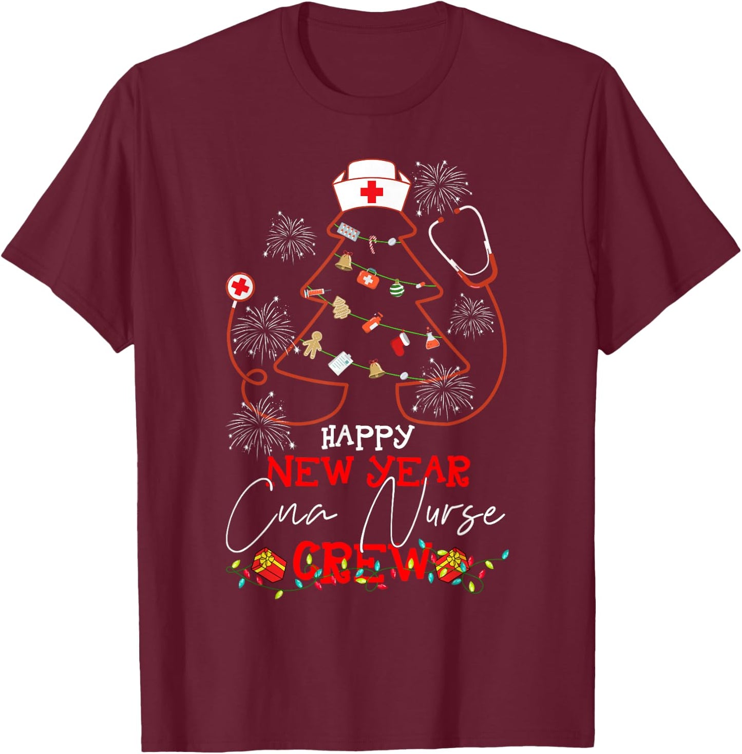 Happy New Year CNA Nurse Crew Reindeer Nurse Christmas T-Shirt - T-Shirt | Maroon