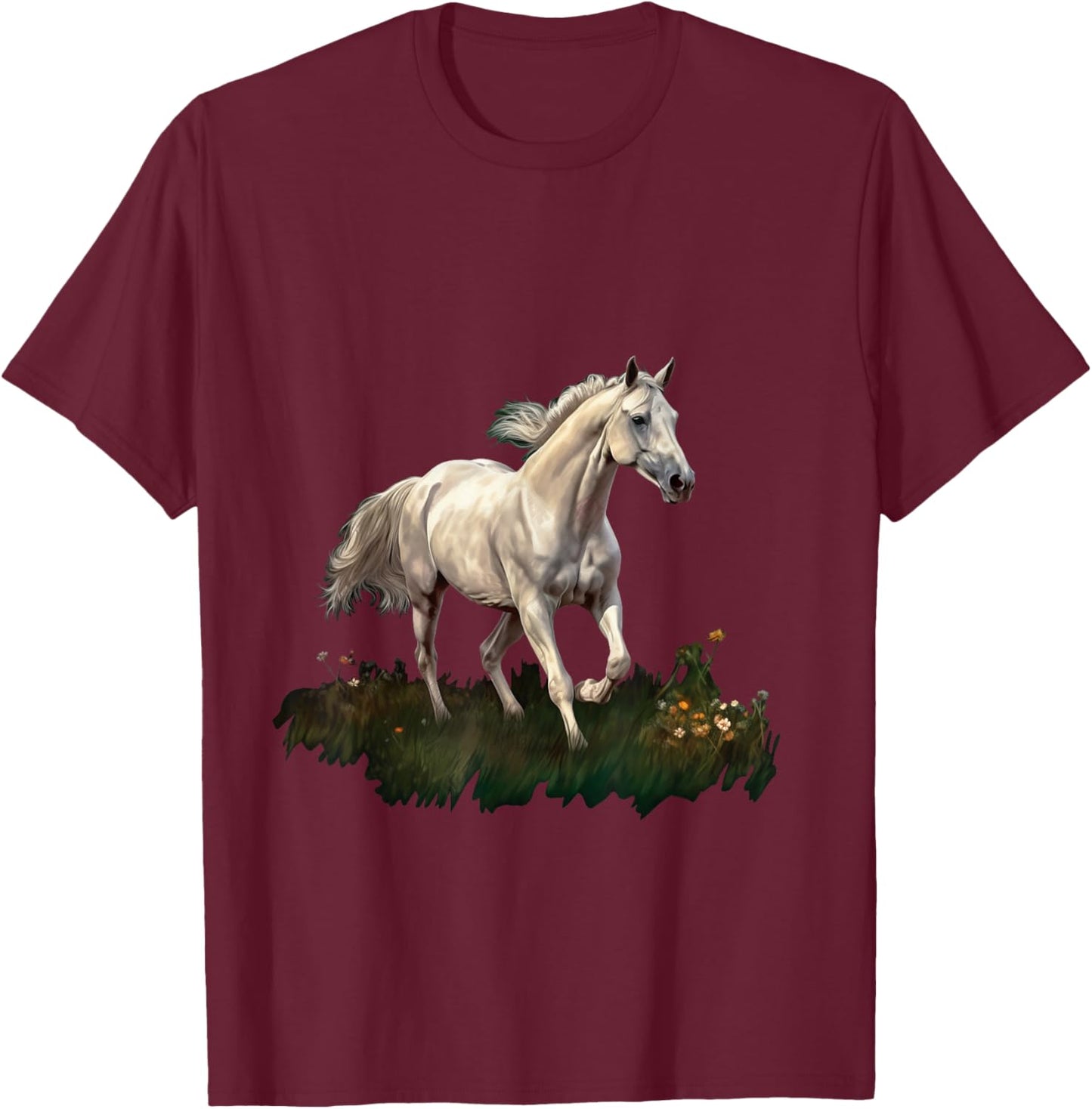 White horse style realistic painting on a meadow T-Shirt - T-Shirt | Maroon