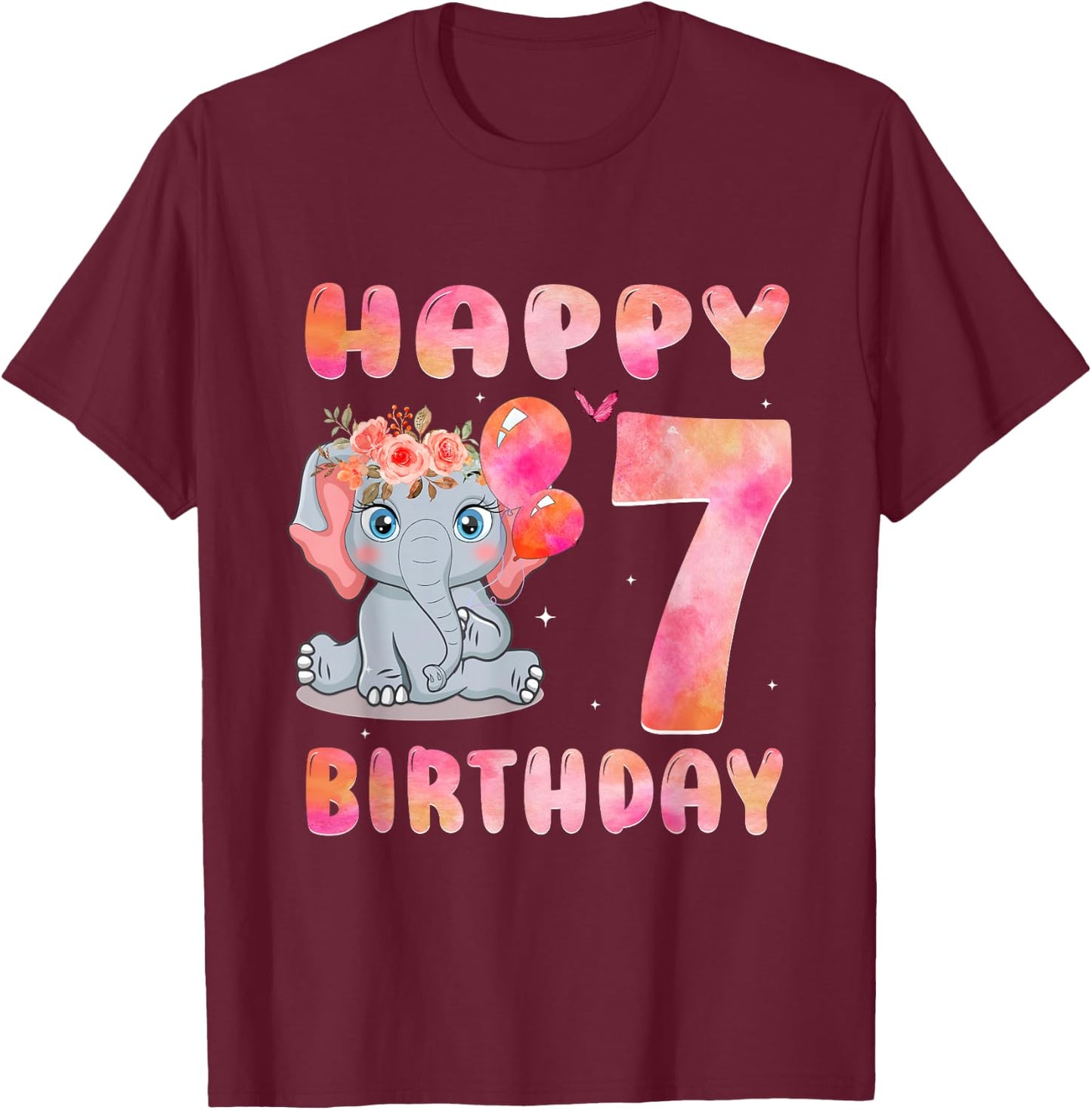 Happy Birthday 7th Elephant Girl Baby Kid 7 Year Old T-Shirt - T-Shirt | Maroon