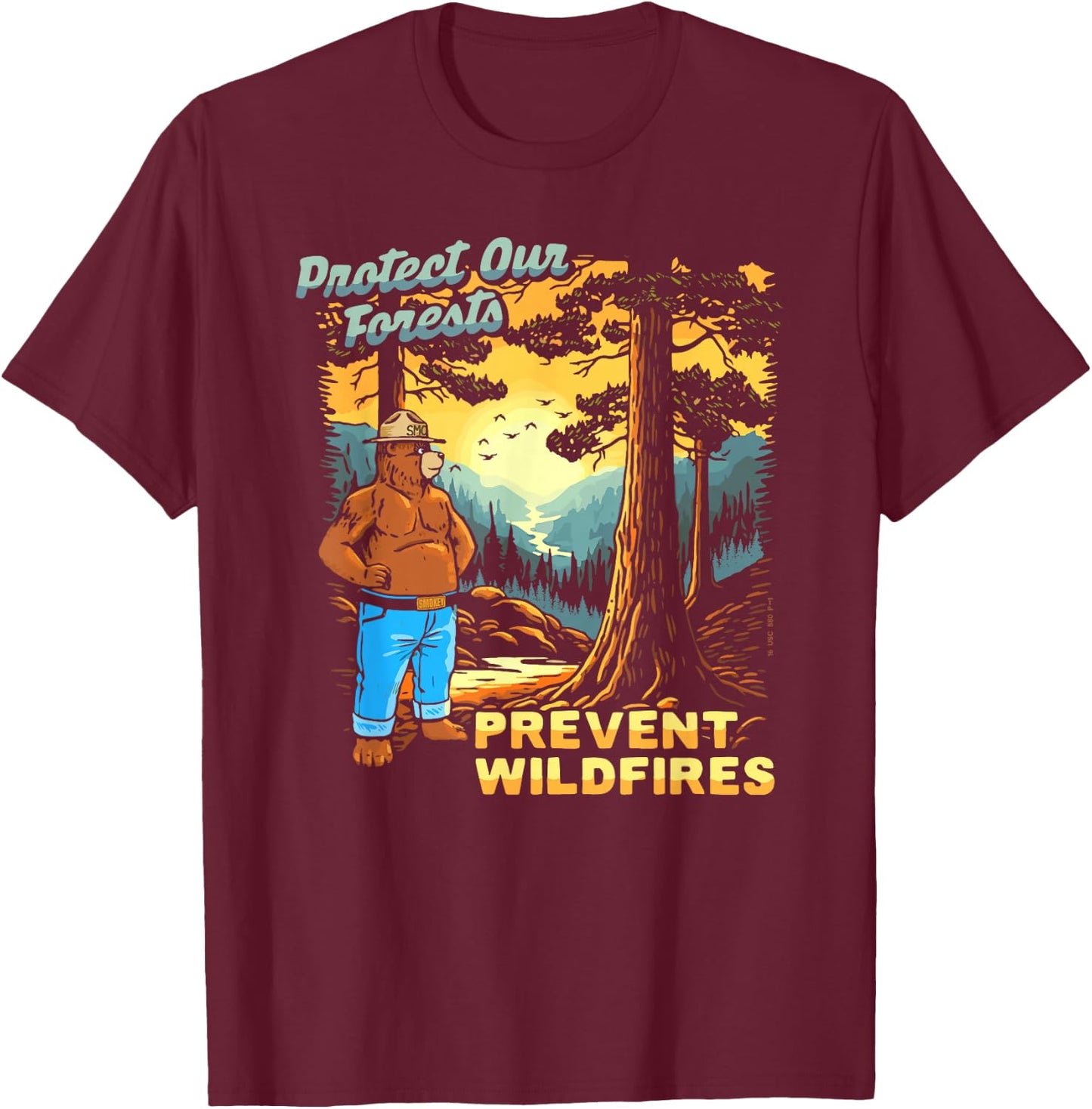 Smokey Bear Sunset Overlook - Protect Our Forests Retro Art T-Shirt - T-Shirt | Maroon