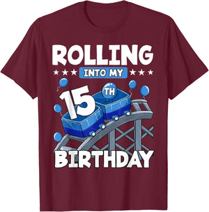 15 Year Old Rolling into 15th Birthday Rollercoaster Boys T-Shirt - T-Shirt | Maroon