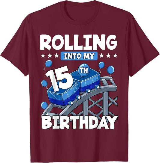 15 Year Old Rolling into 15th Birthday Rollercoaster Boys T-Shirt - T-Shirt | Maroon