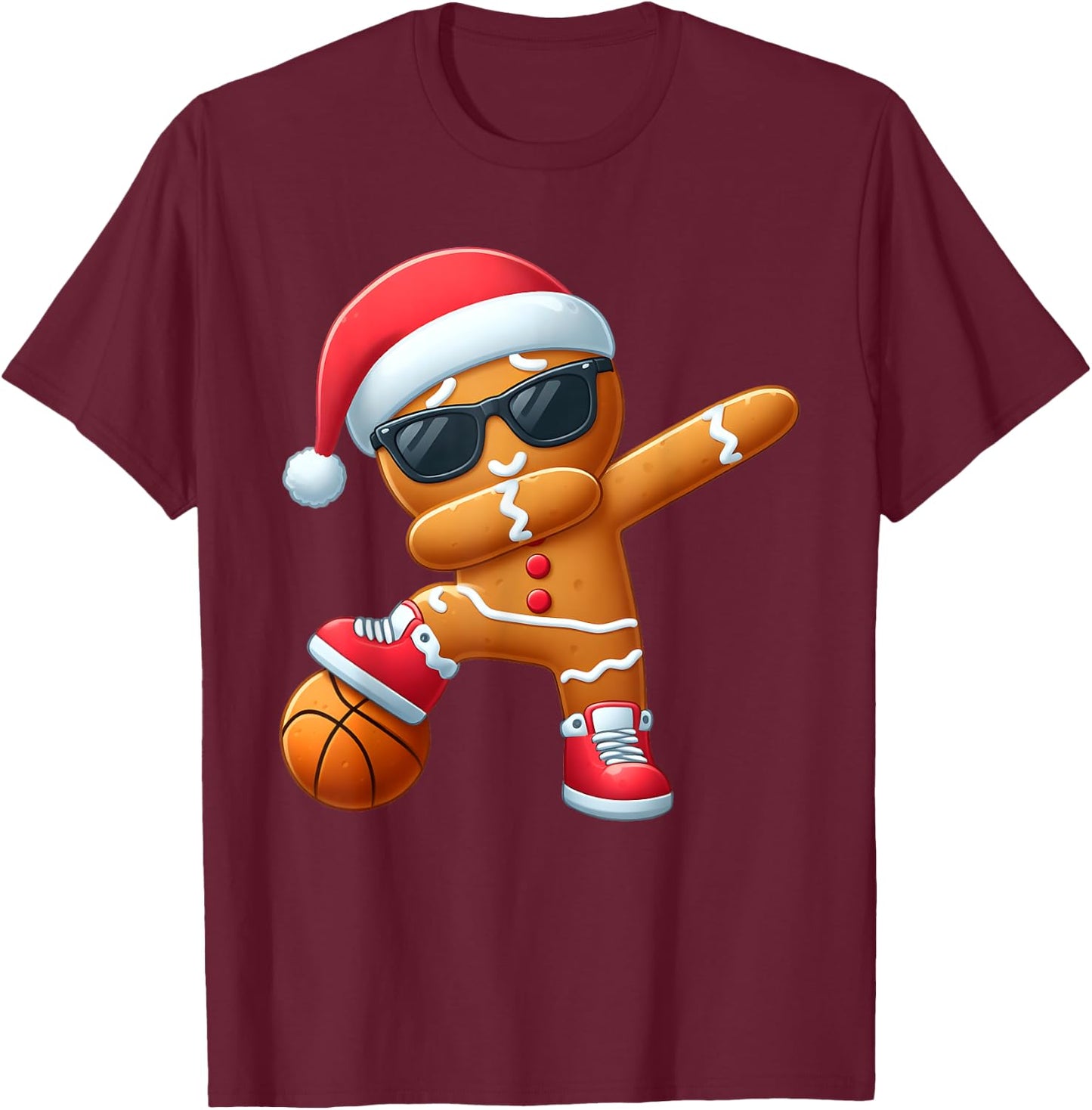 Christmas Dabbing Gingerbread Santa Hat Basketball Pajama T-Shirt - T-Shirt | Maroon
