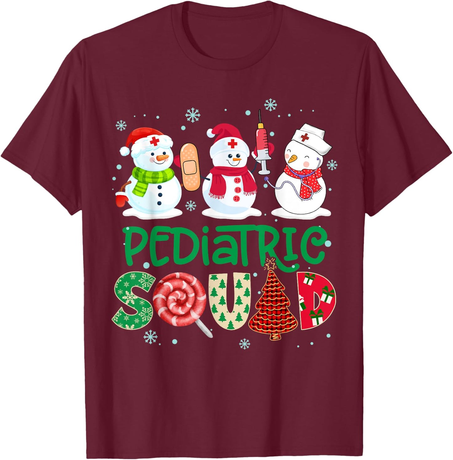 Pediatric Squad Nurse Snowmies Stethoscope Christmas Pine T-Shirt - T-Shirt | Maroon
