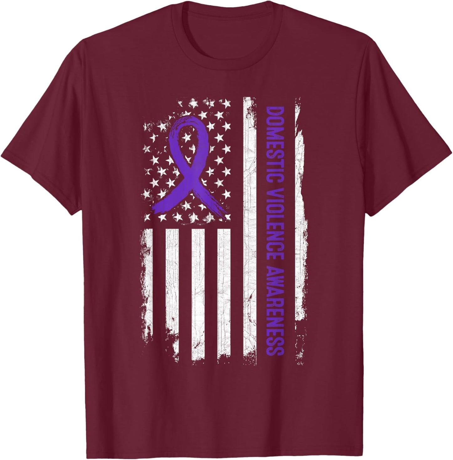 Domestic Violence Awareness American Flag - Purple Ribbon T-Shirt - T-Shirt | Maroon