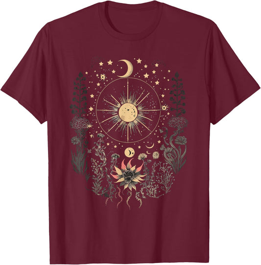 Celestial Cottagecore Moon Astrology Astronomy Wildflowers T-Shirt - T-Shirt | Maroon
