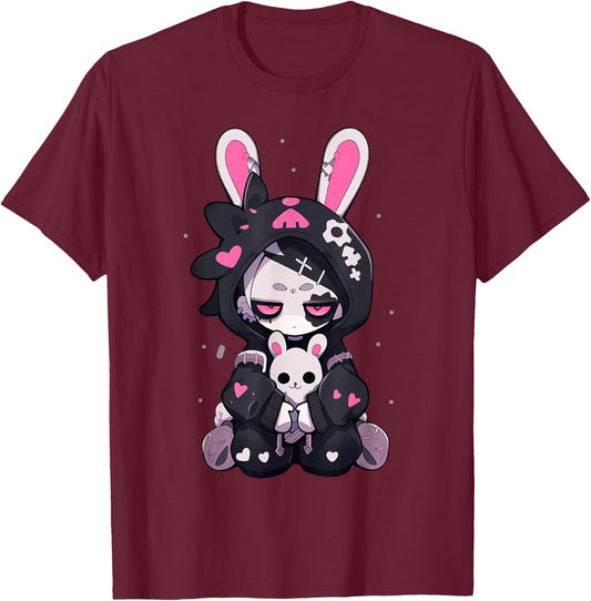 Goth Bunny Anime Girl Cute E-Girl Gothic Outfit Grunge T-Shirt - T-Shirt | Maroon