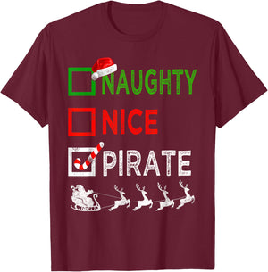 Naughty Nice Pirate Christmas Pajamas Funny Santa Hat Xmas T-Shirt - T-Shirt | Maroon
