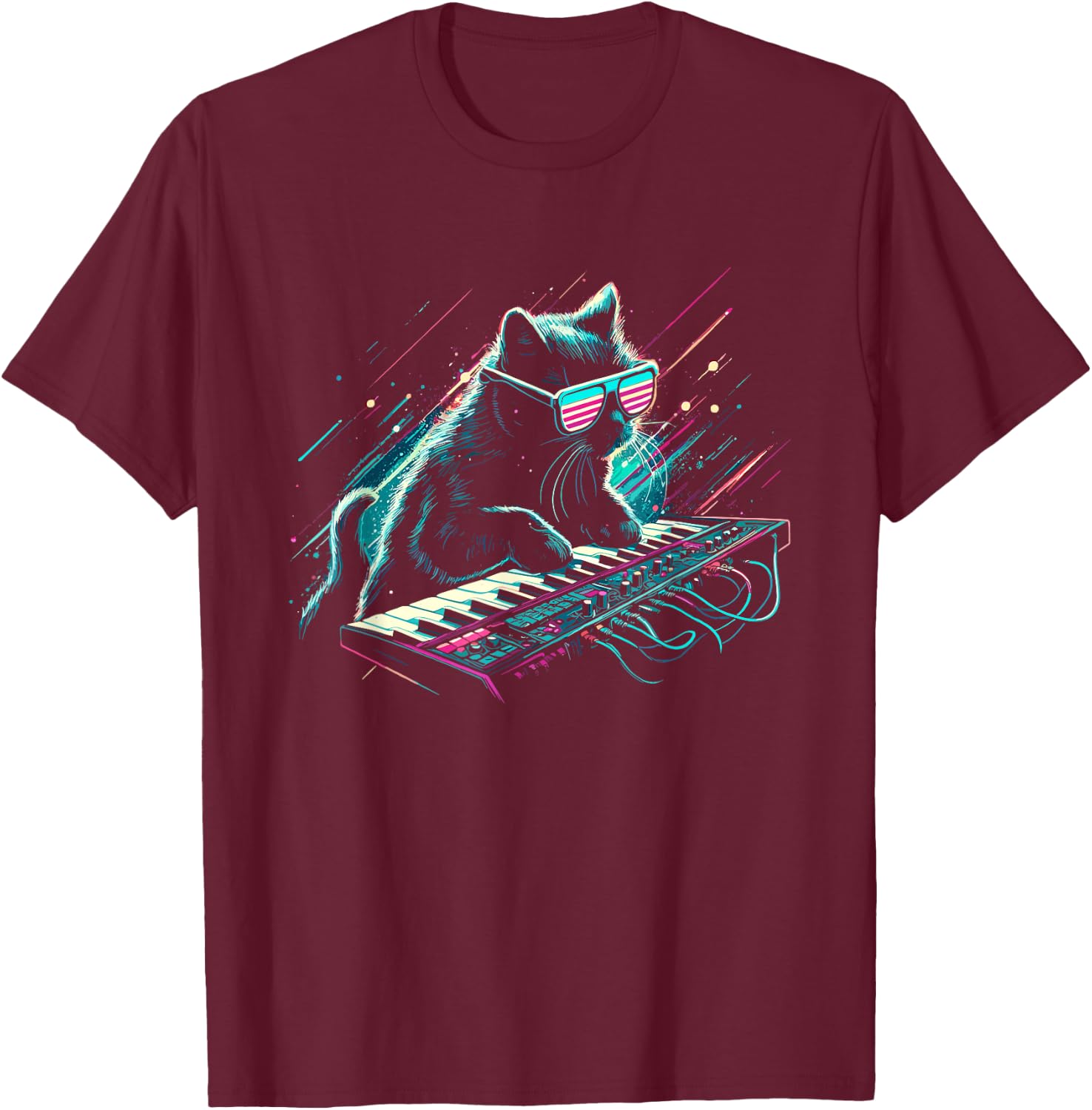 DJ Cat With Synthesizer - Funny Vintage 80s 90s Disco Cat T-Shirt - T-Shirt | Maroon
