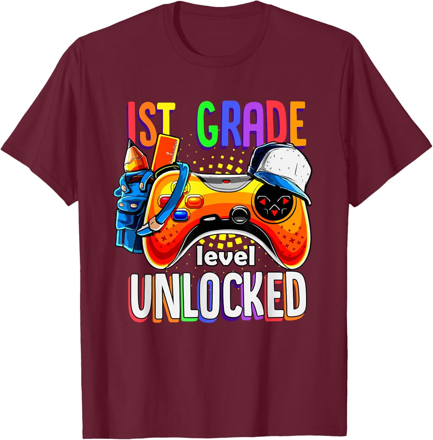 Gamer Back to School Gamepad 1st First Grade Level Unlocked T-Shirt - T-Shirt | Maroon